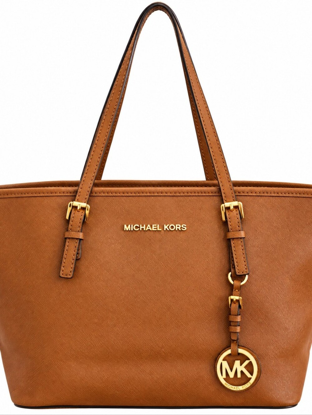 Michael Kors Jet Set Saffiano Leather Tote Brown Gold MK Charm 30H1GTVT1L